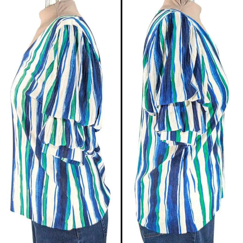 Chico's 2 (Large) Blue Green Stripe V-Neck Pleated Gathered Sleeve Lined Blouse